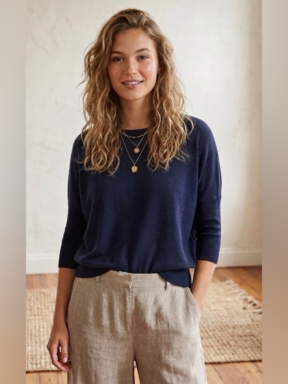 Anthropologie Cropped Navy Blue Wool Knit Sweater Three-Quarter Sleeve Sz Small